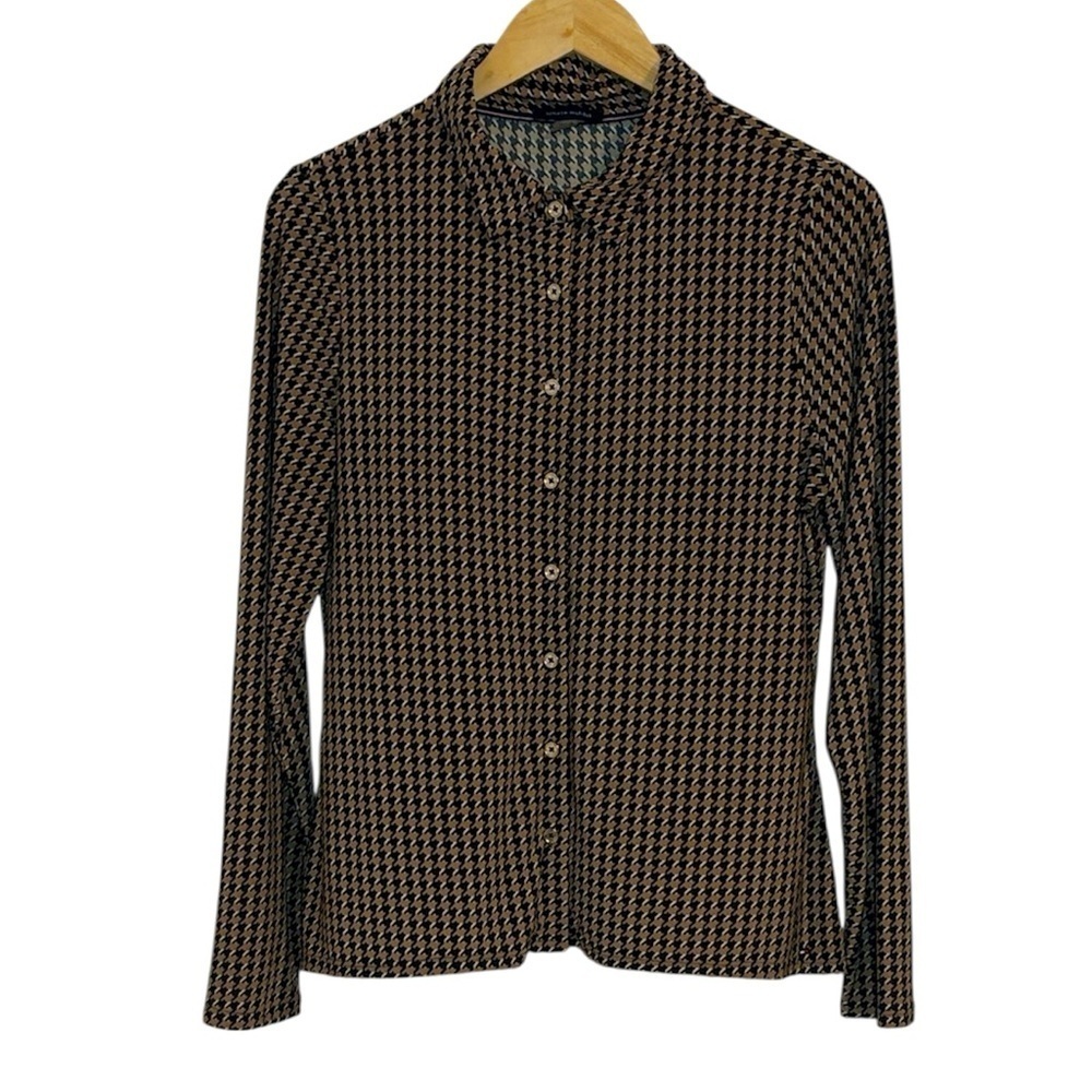 Tommy Hilfiger Women’s Tan Black Shirt, long sleeve, slinky button down, Medium